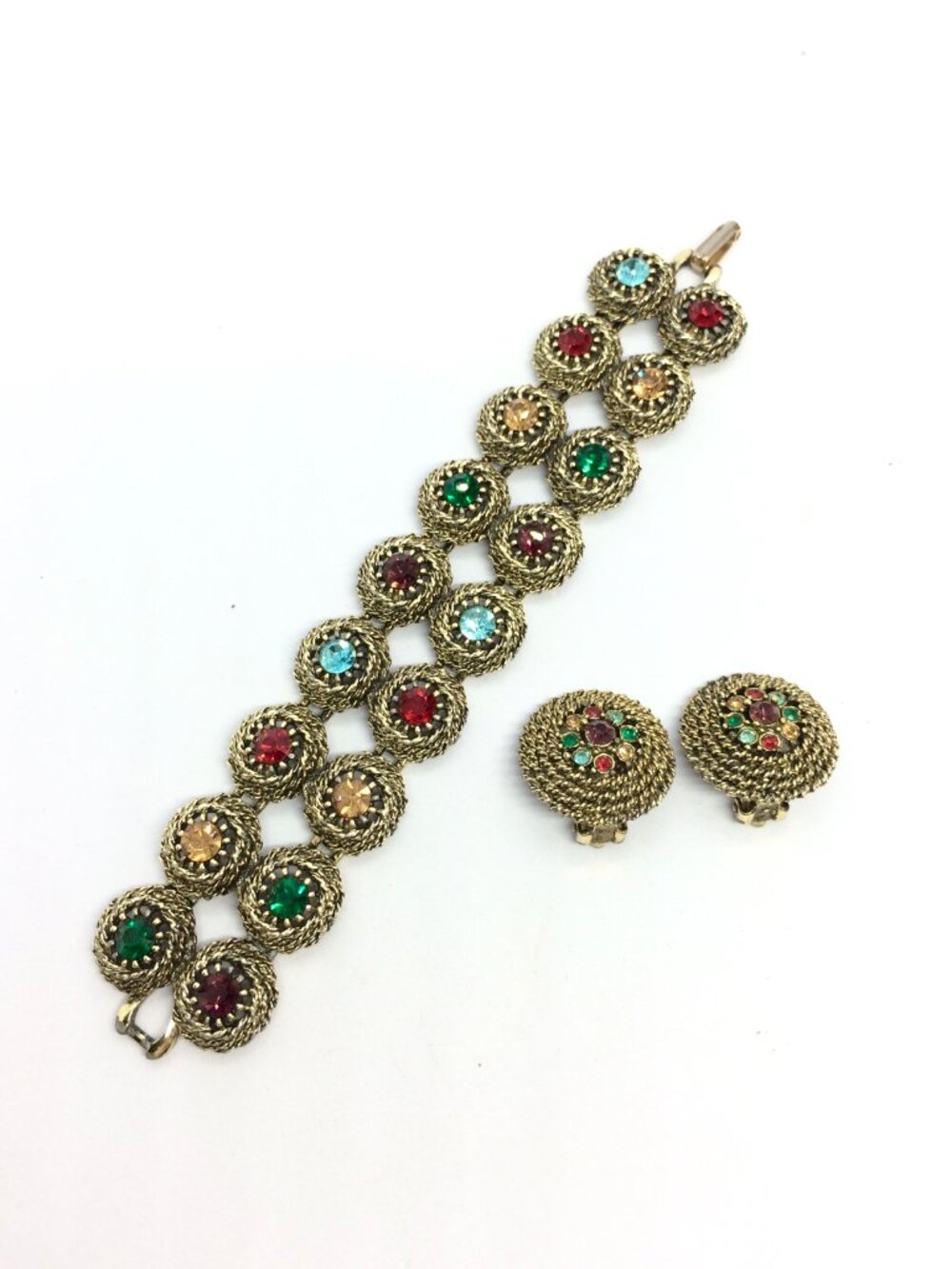 VINTAGE JUDY LEE Bracelet Set Multicolor Rhinestone Rope Gold Tone Clip Earring